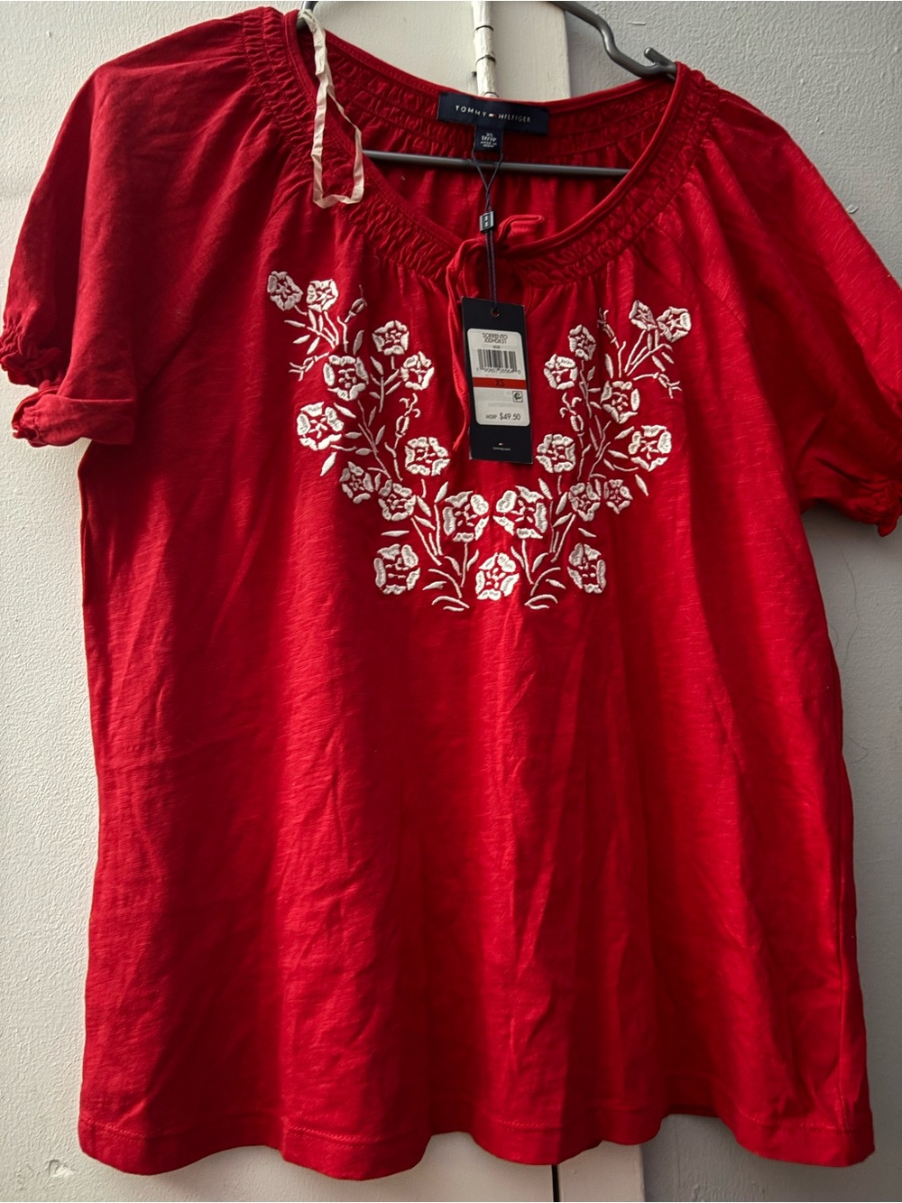 Tommy Hilfiger Red Short-Sleeve Embroidered Floral Tunic